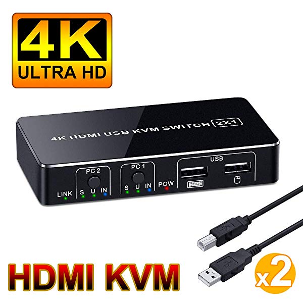 4K KVMスイッチ HDMIディスプレイ USBキーボード・マウスを共有 パソコン切替器（PC 2台用） 4K/30Hz HDMI1.4 USB2.0対応 バスパワー 電源不要 ホットキー切り替え 