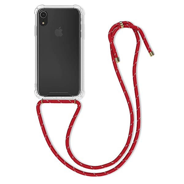 i Phone XR 用 ケース - ネック ショルダー ストラップ付き スマホ シリコン カバー 首かけ 斜めがけカラー:透明 / ネオンレッド / シルバー 特徴スマホがファッションアイテムに!: