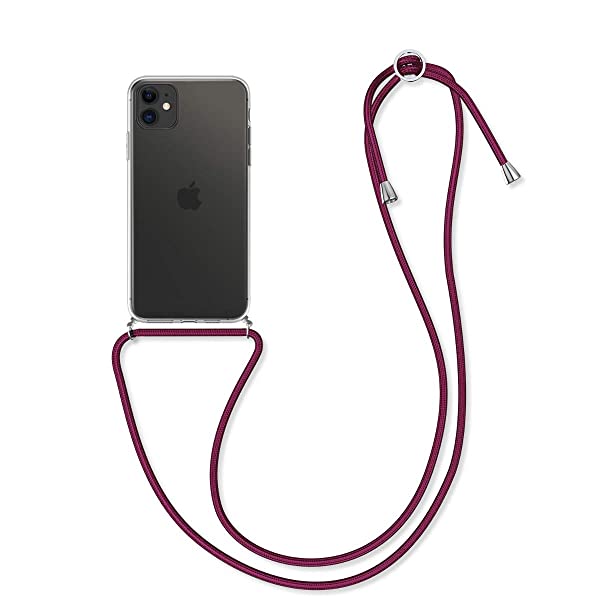 i Phone 11 用 ケース - ネック ショルダー ストラップ付き スマホ シリコン カバー 首かけ 斜めがけカラー:透明 / ダークレッド 特徴スマホがファッションアイテムに!: ケースには首