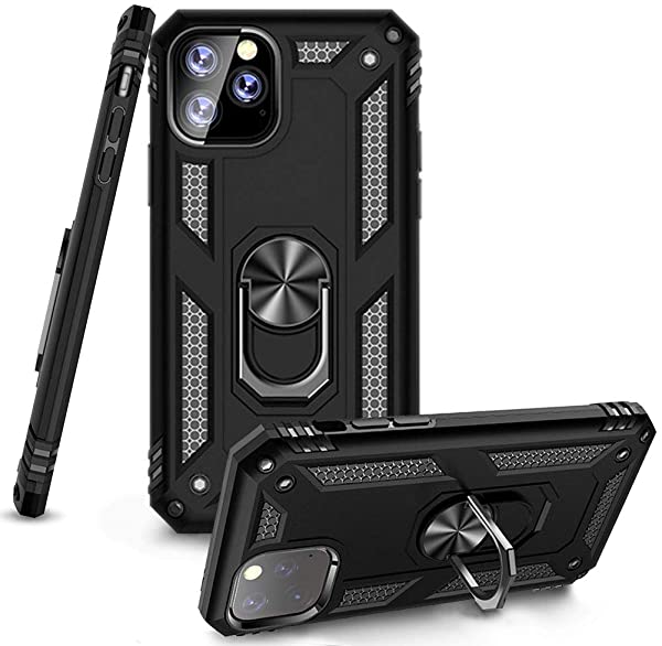 i Phone 11 Pro Max ケース リング付き 耐衝撃 PU PC 対応フルプロテクトデザイン スマホケース ケース クリア 車載ホルダー対応 黒