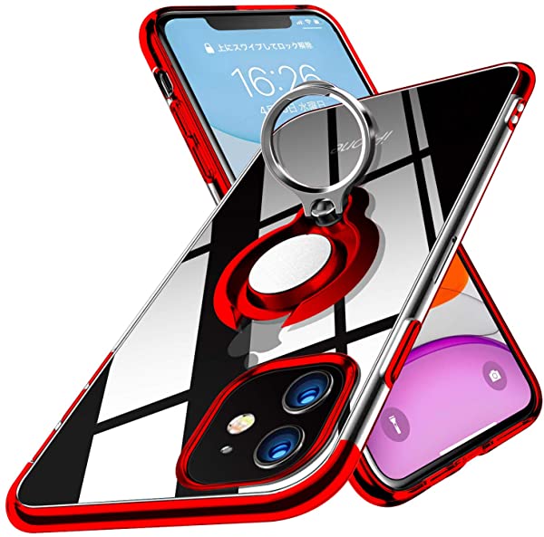 i Phone 11 ケース リング 透明 耐衝撃 軽量 薄型 磁気カーマウントホルダー スタンド メッキ柔らかい殻 滑り防止 黄変防止 TPUシリコン 携帯カバー 全面保護 超耐久一体型 携帯カバー
