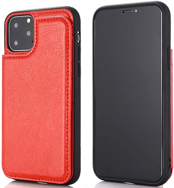 i Phone 11 PRO MAX 6.5 inch (6.5インチ) 対応 APPLE スマホ バックカバー ケース 2020最新版 背面カード 手帳型ケース (レッド) 手作り 財布型 マグネッ