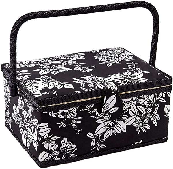 裁縫箱 黒白古典花柄の布 木製工芸収納ボックス ソーイングバスケット 家庭用 27.5*17.5*15cm