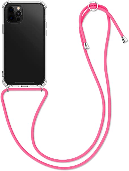 iPhone 12 Pro Max ケース ネック ショルダー ストラップ付き スマホ シリコン カバー 紐付き 斜めがけ 透明 ネオンピン