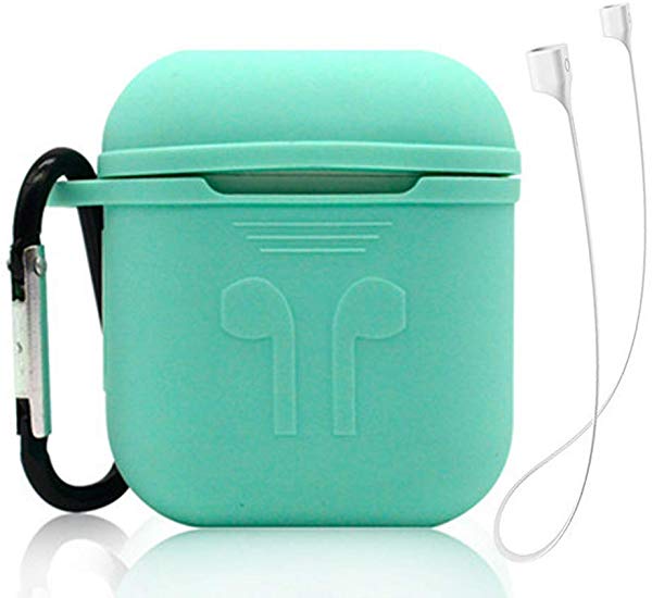 Apple Air Pods ケース シリコンカバー ネックストラップ付き Appleワイヤレスイヤホン用 滑り止め 耐衝撃 落下・紛失防止 イヤーフックカバー (グリーン)色:グリーン 耐久性のある