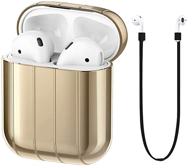 Apple Airpods 対応充電ケース 耐衝撃 滑り止め保護ケースな硬PC[ホコリ収集せず] ＆紛失防止ストラップ(シャンパンゴールド)色:ストライプシャンパンゴールド このカバーケースは、傷や擦